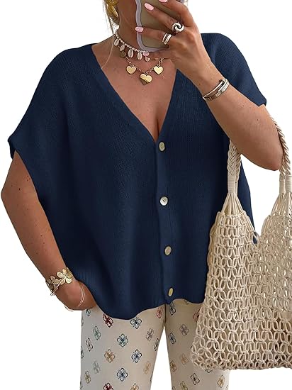 Womens Spring Oversized Cardigans Short Sleeve Lightweight Button Casual Knit Sweater Tops