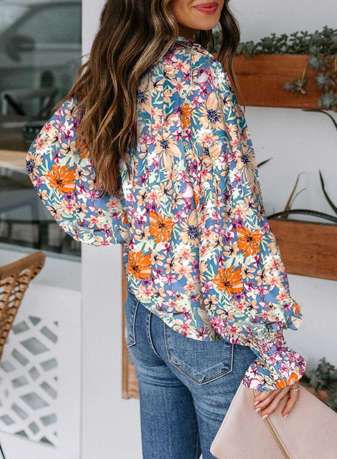Women's Boho Floral Print V Neck Long Sleeve Drawstring Button Blouses