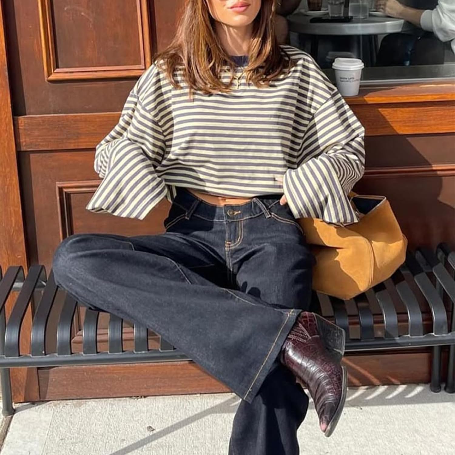 HOT SALE Women's Oversized Striped Cropped Long Sleeve Top