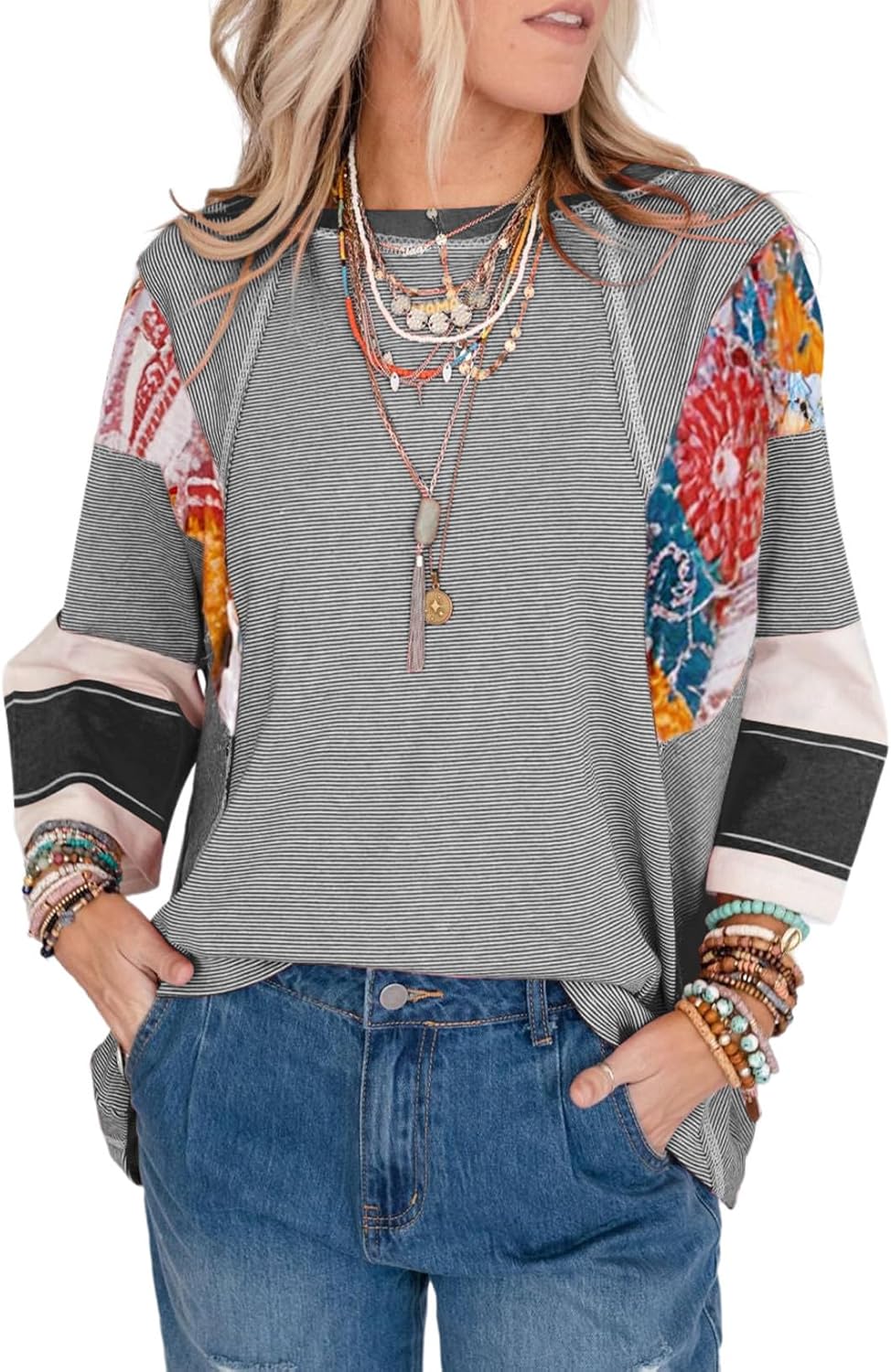 2025 Spring Summer Crew Neck Oversized Striped Patchwork Shirts Blouse