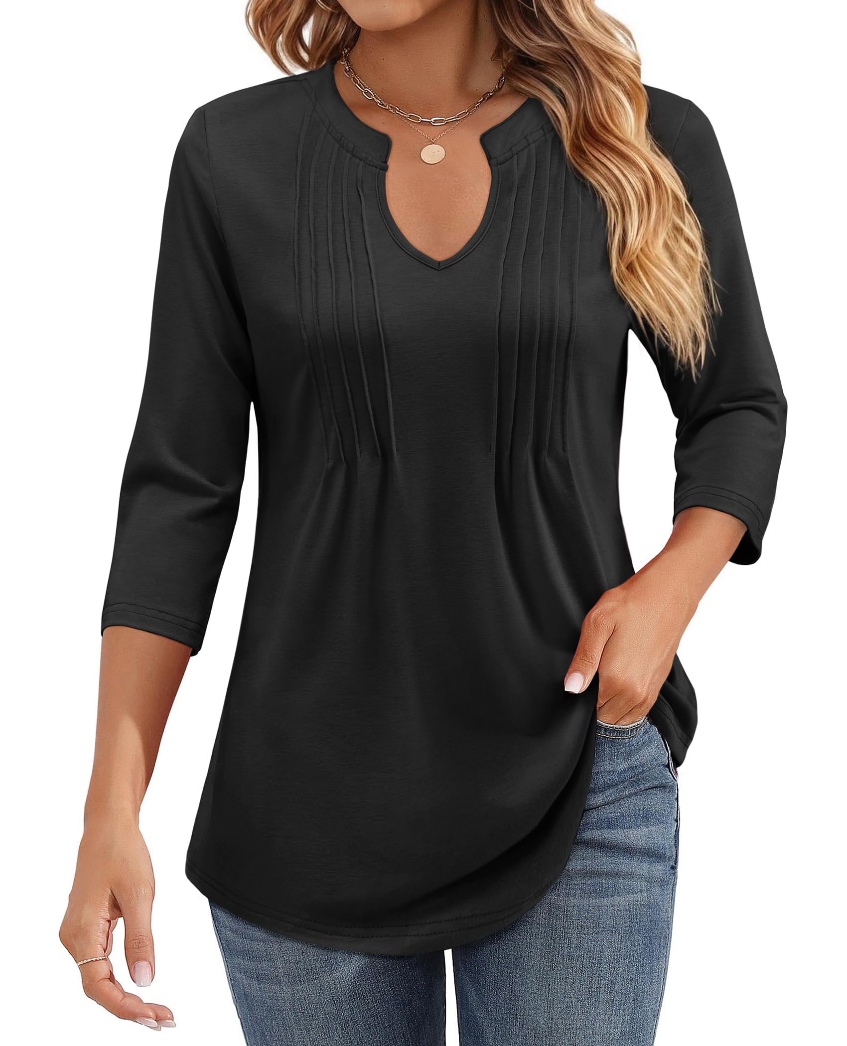 Womens Casual 3/4 Sleeve Pleated Tunic Blouse