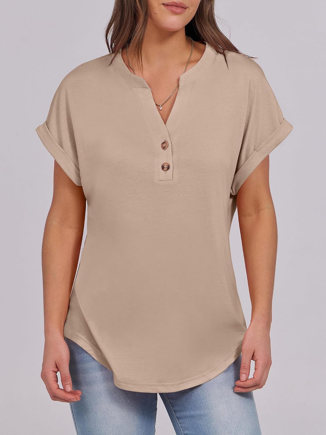 Women's V Neck Button Casual Loose Fit Short Sleeve Shirts Henley Tops