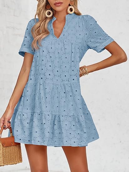 Womens Eyelet Casual Flowy Babydoll Swing Short Sleeve V Neck Tunic Dress