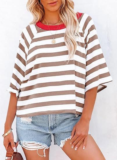 HOT SALE Women's Cute Round Neck Striped Short Sleeve Casual Top