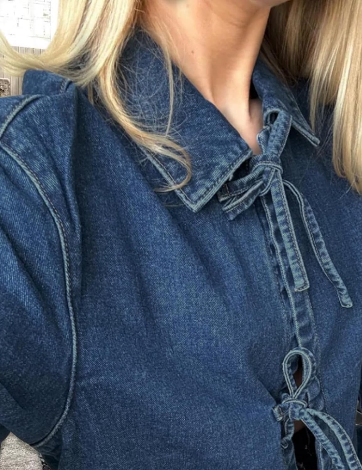 Women's Tie Bow Closure Loose Denim Jacket with Pockets