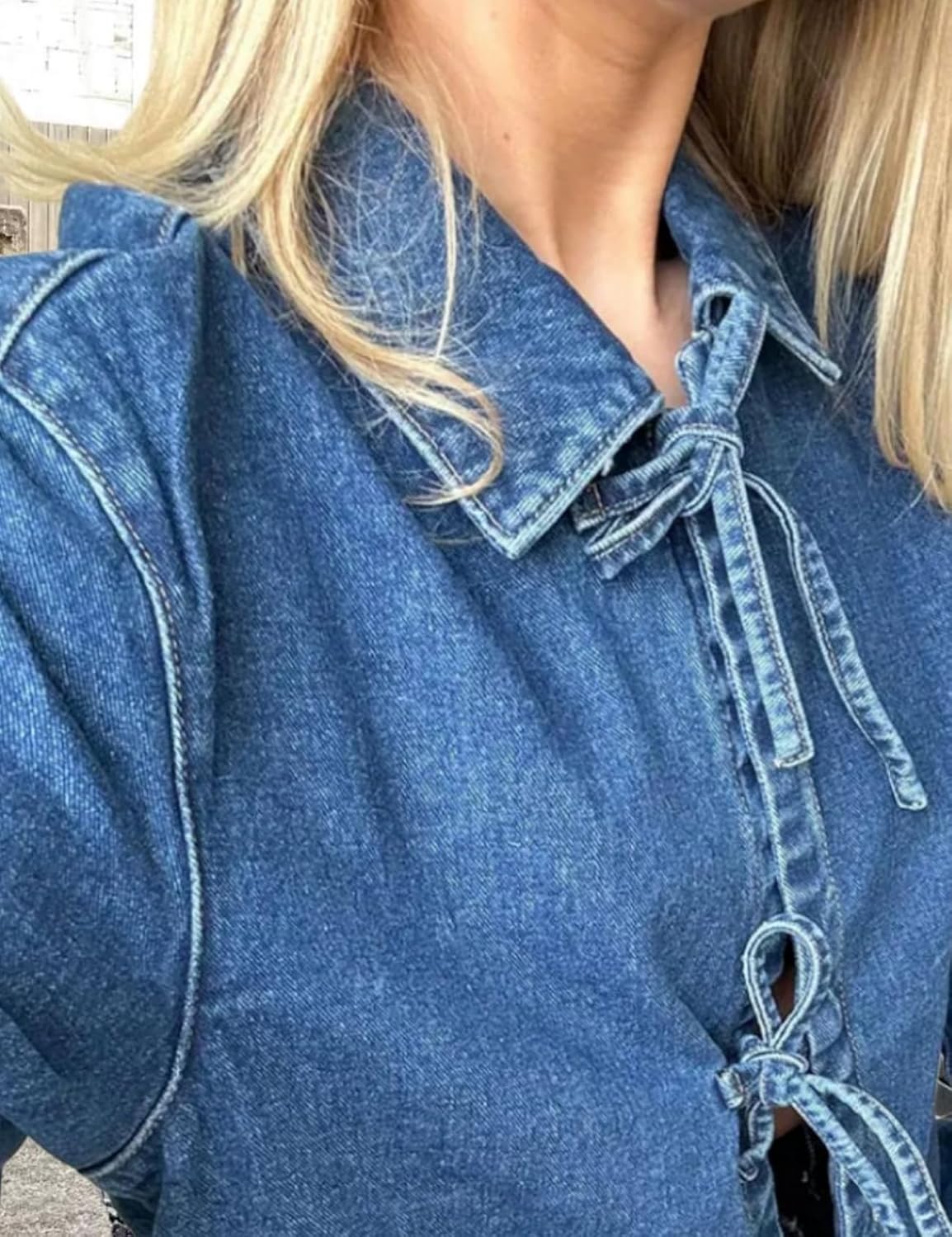 Women's Tie Bow Closure Loose Denim Jacket with Pockets