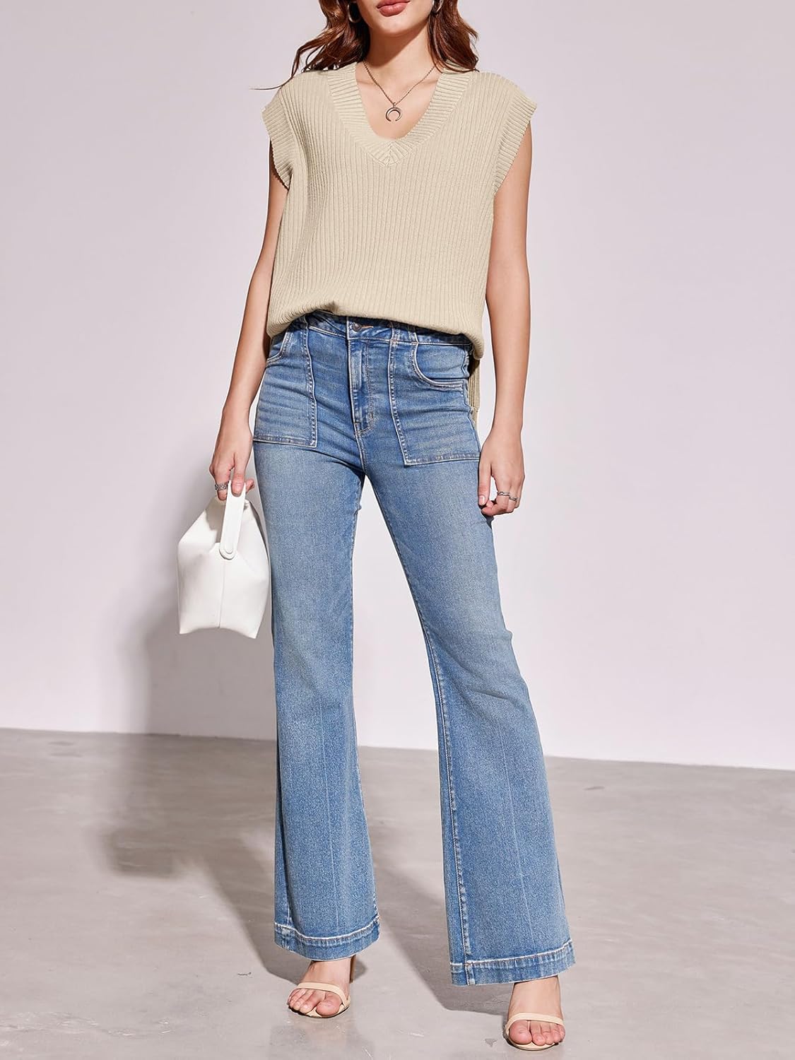 Womens V Neck Sweater Vest Oversized Ribbed Knit Sleeveless