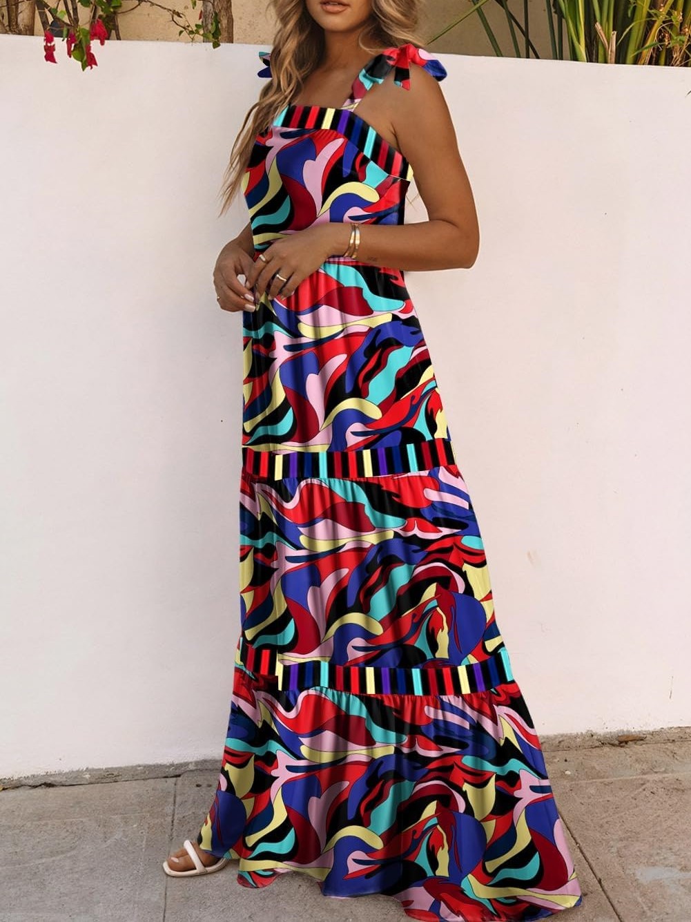 Women's Summer Sleeveless Strap Tie Floral Print Maxi Dress