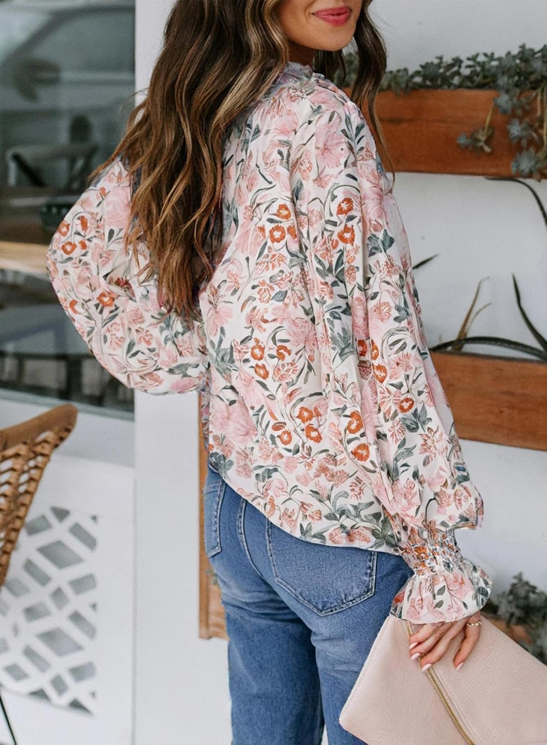 Women's Boho Floral Print V Neck Long Sleeve Drawstring Button Blouses