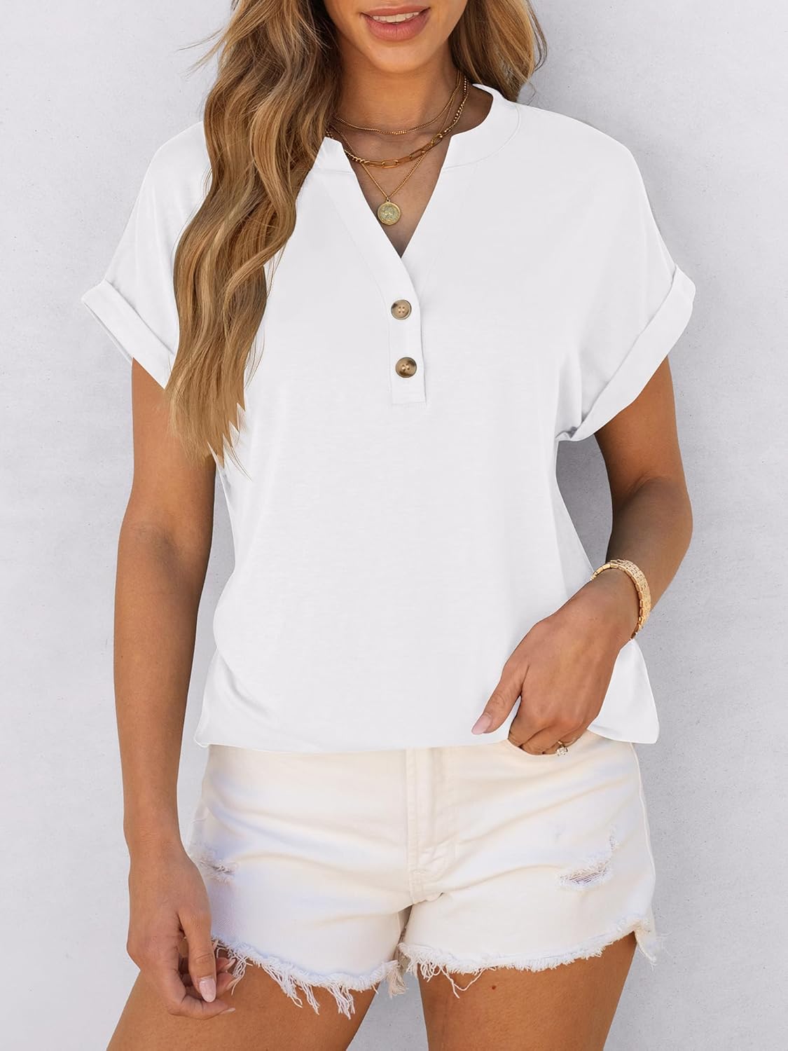 Women's V Neck Button Casual Loose Fit Short Sleeve Shirts Henley Tops