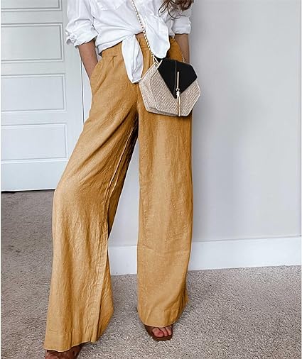 Women's Cotton Linen Drawstring Stretch Waist Wide Leg Pants