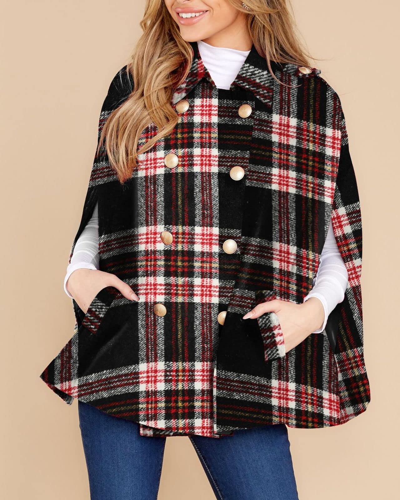 Women's Plaid Double Breasted Winter Cape Coats