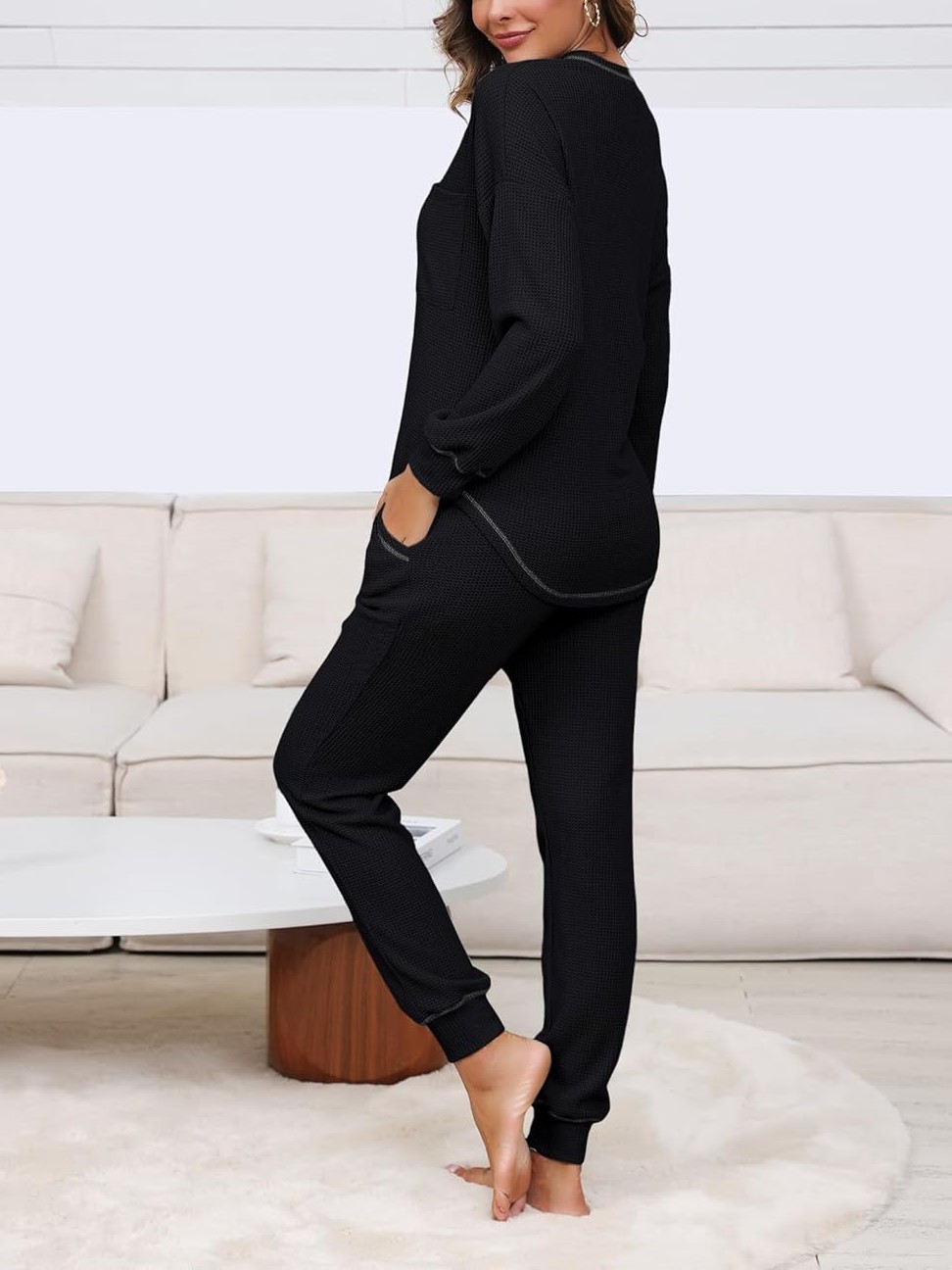 Women's V Neck Waffle Knit Sleepwear Top and Pant Lounge Sets