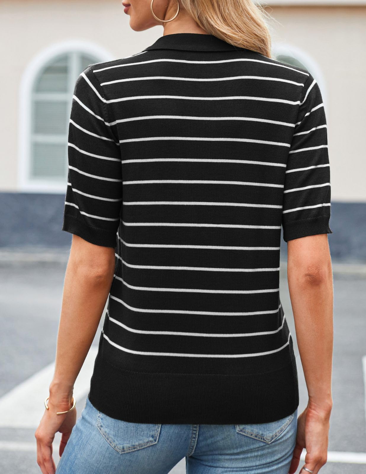 Women's Polo Collar Ribbed Short Sleeve V Neck Knit Tops