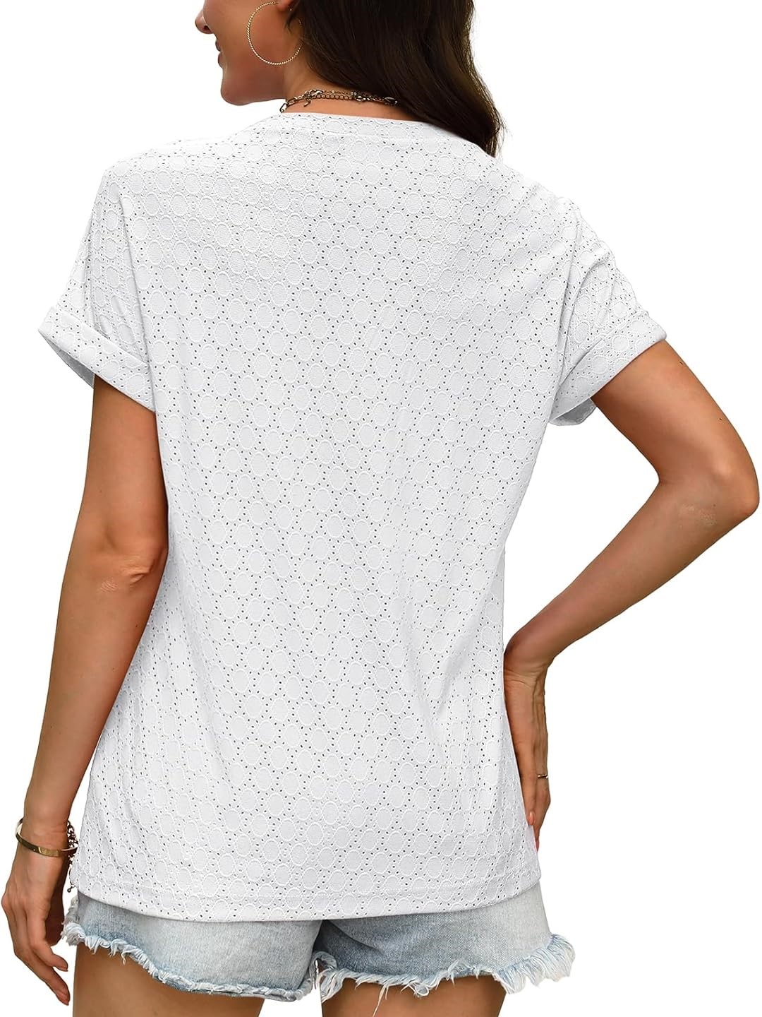 Women's V Neck Eyelet Dressy Casual Basic Short Sleeve Tees