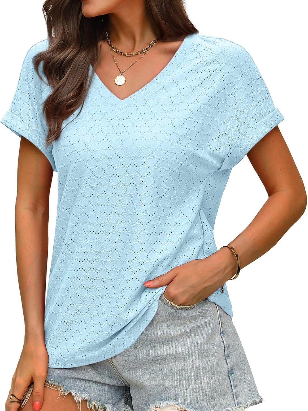 Women's V Neck Eyelet Dressy Casual Basic Short Sleeve Tees