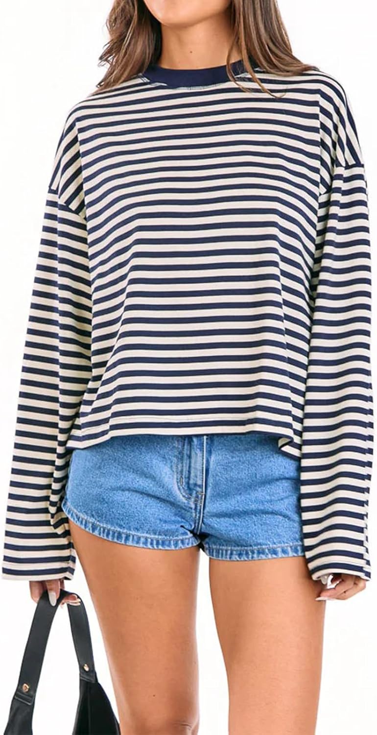 HOT SALE Women's Oversized Striped Cropped Long Sleeve Top