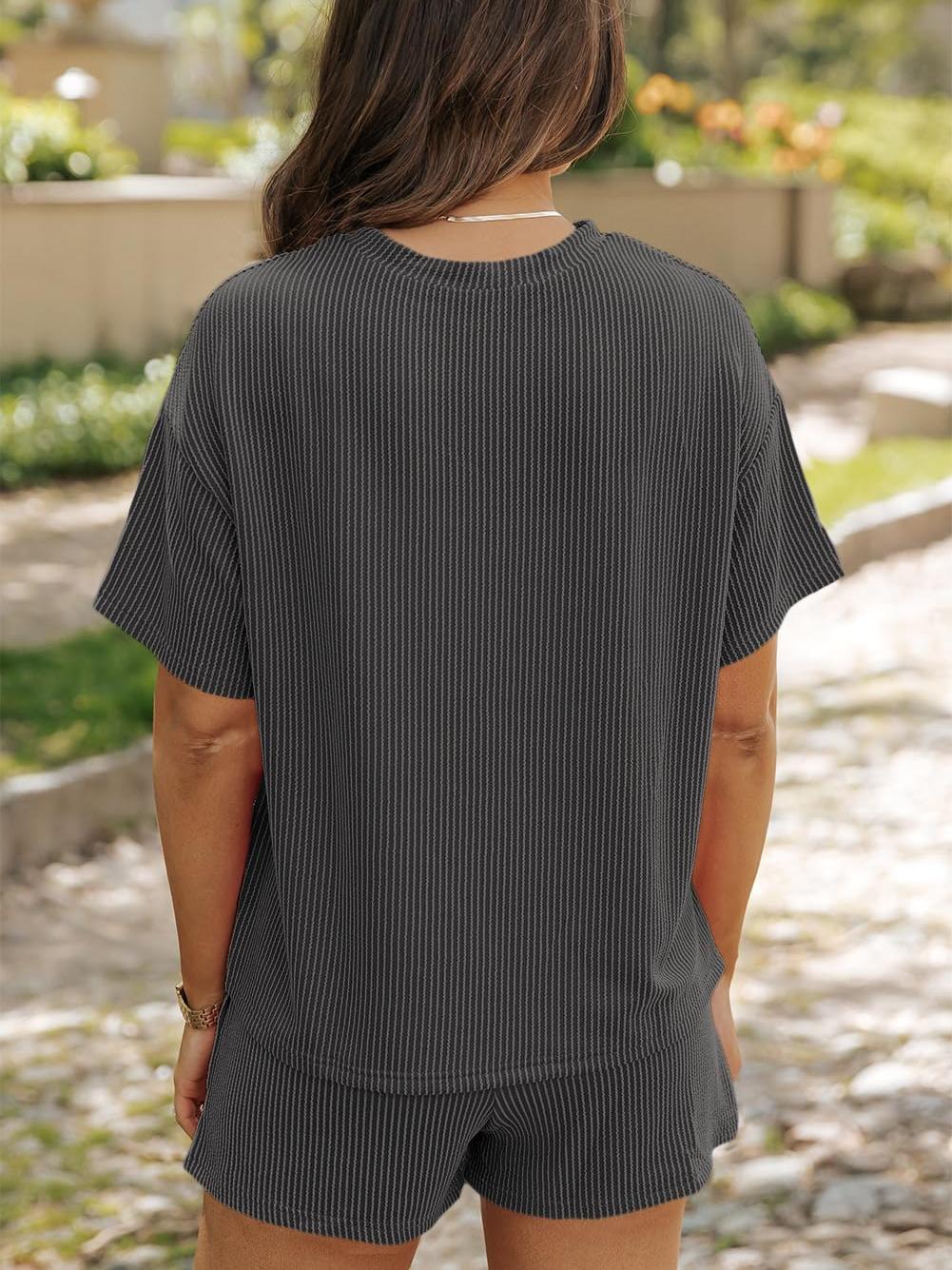 Women's Ribbed Textured Knit Loose Lounge Shorts 2 Piece Set