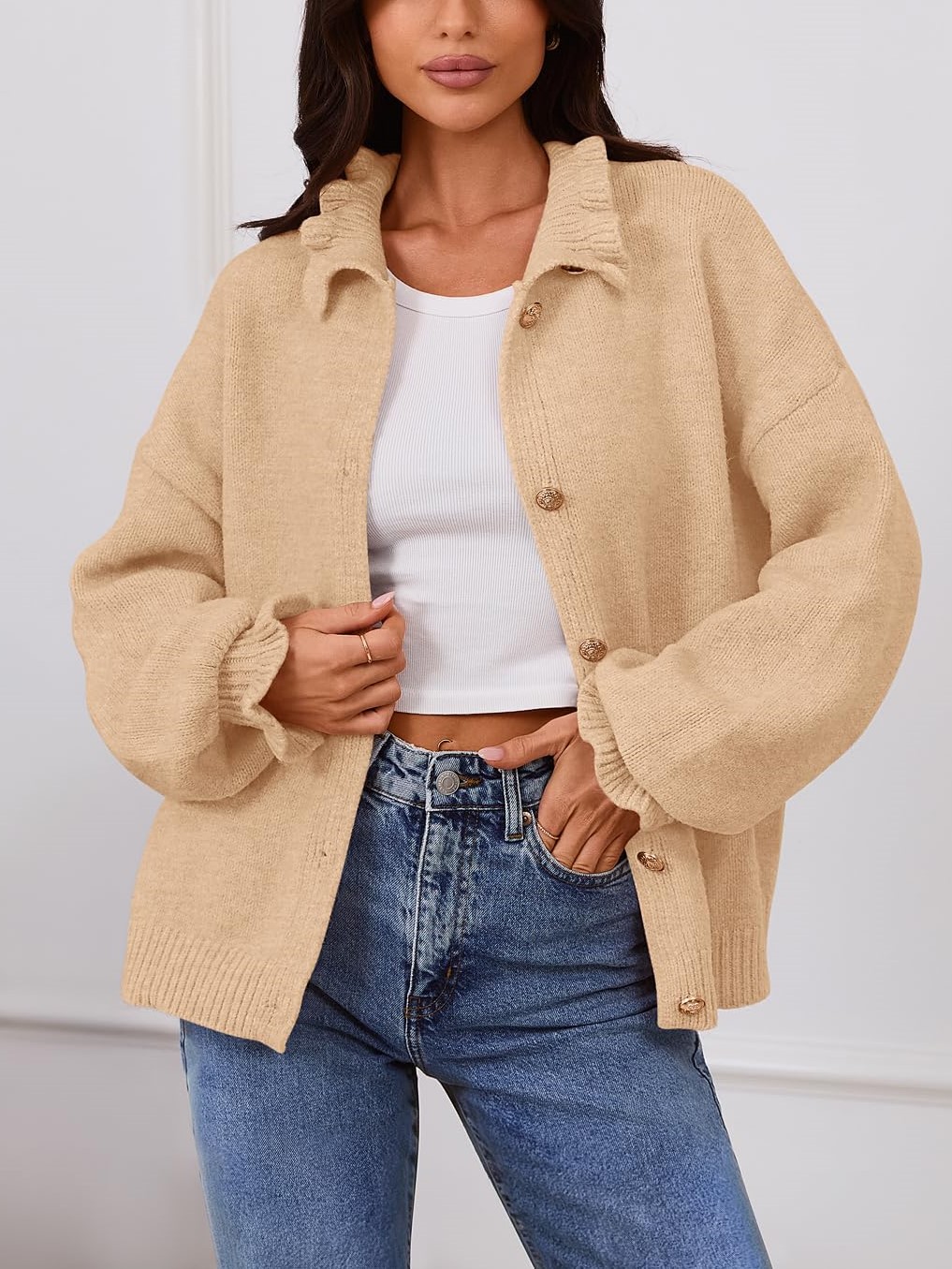 Women's Ruffle Button Down Long Sleeve Chunky Cardigan Sweaters