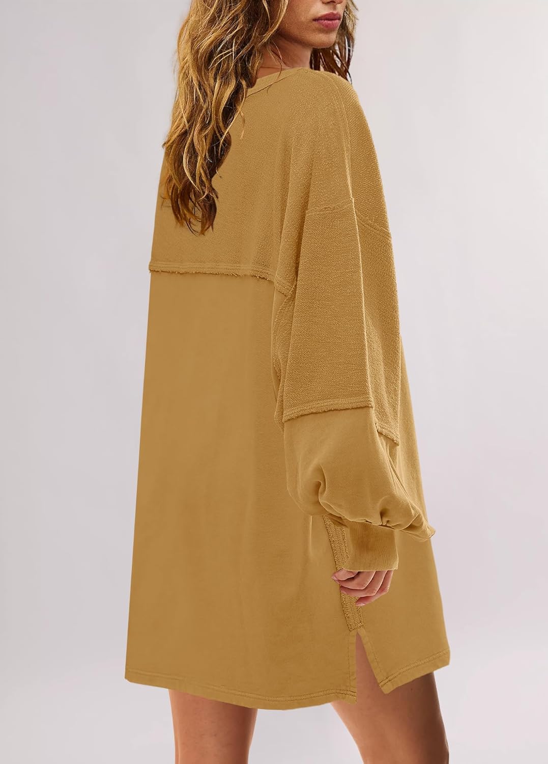 Women's Oversized Crewneck Patchwork Slit Sweatshirt Dress