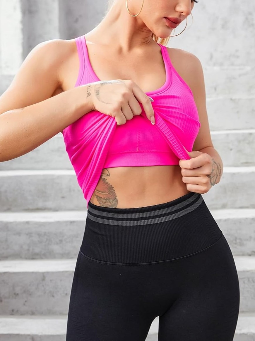 Women's Ribbed Workout Crop Racerback Tank Tops with Built in Bra