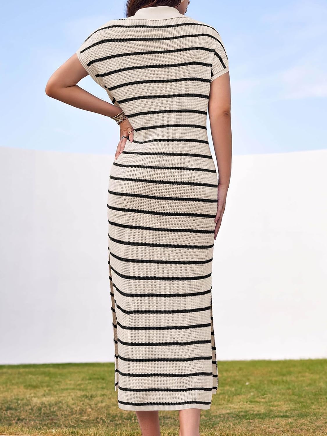Women's V-neck Striped Slit Knitted Dress Casual Maxi Dress(BUY 2 FREE SHIPPNG)