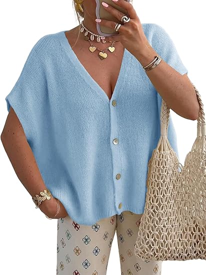 Womens Spring Oversized Cardigans Short Sleeve Lightweight Button Casual Knit Sweater Tops