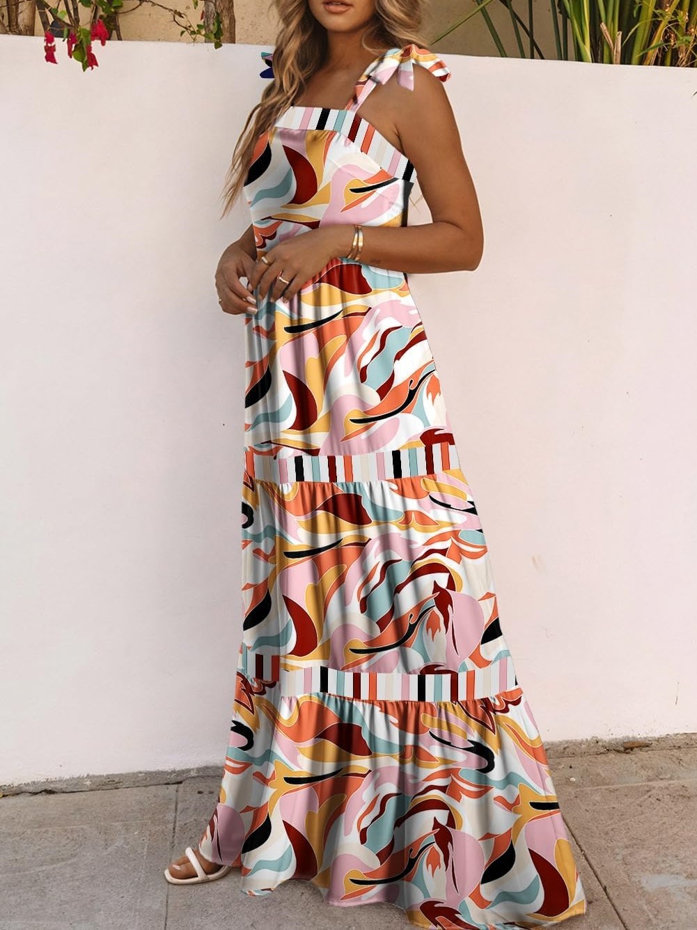 Women's Summer Sleeveless Strap Tie Floral Print Maxi Dress