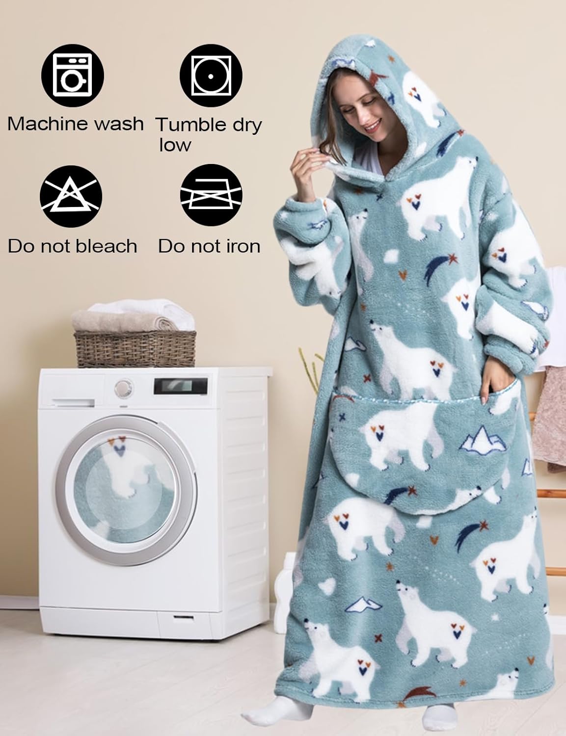 Womens Oversized Cartoon Fleece Hoodie Blanket With Front Pocket