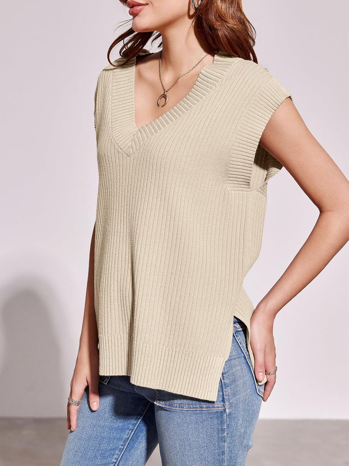 Womens V Neck Sweater Vest Oversized Ribbed Knit Sleeveless