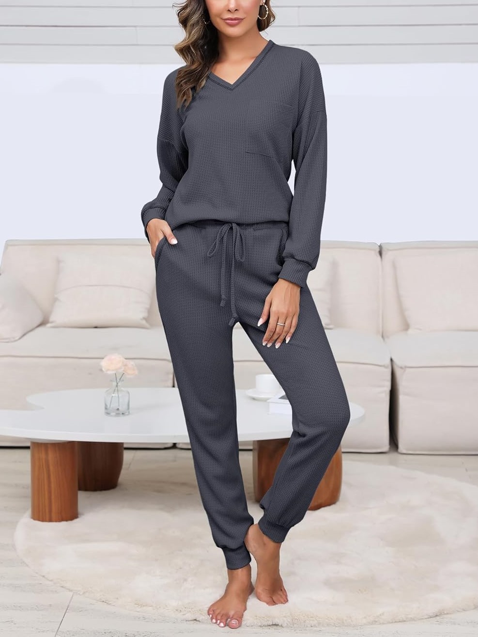 Women's V Neck Waffle Knit Sleepwear Top and Pant Lounge Sets