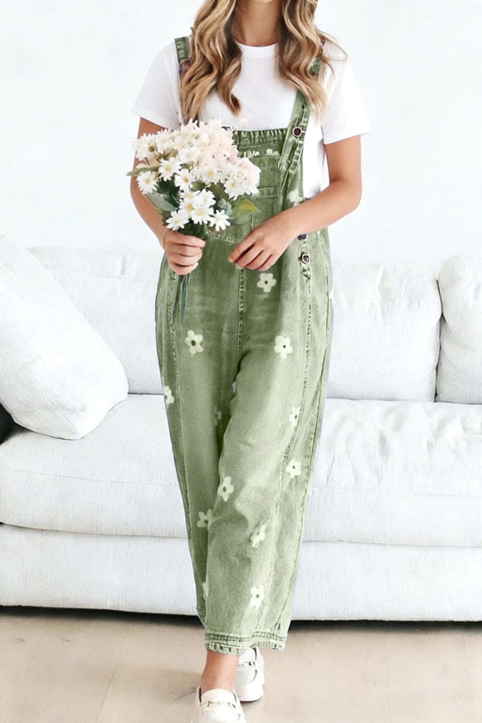 Women's Floral Printed Adjustable Strap Denim Bib Overalls Baggy Jumpsuit