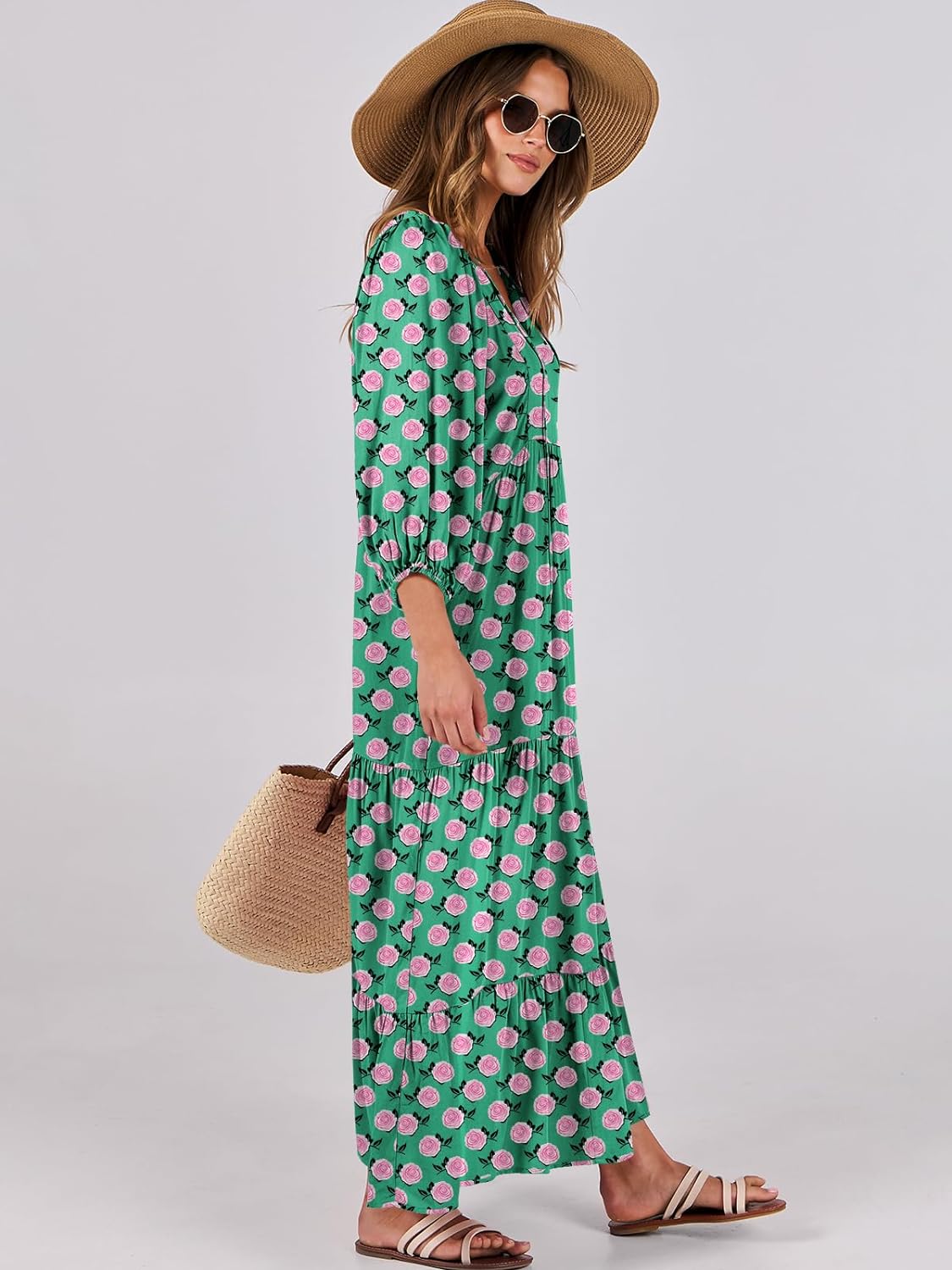 HOT SALE Summer V Neck Puff Sleeve Floral Flowy Casual Maxi Dress