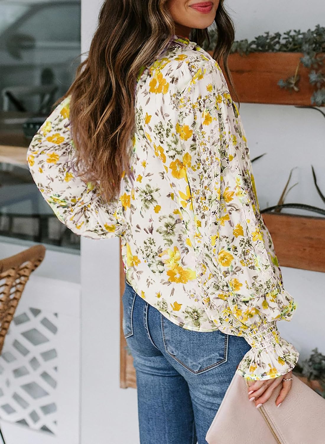 Women's Boho Floral Print V Neck Long Sleeve Drawstring Button Blouses