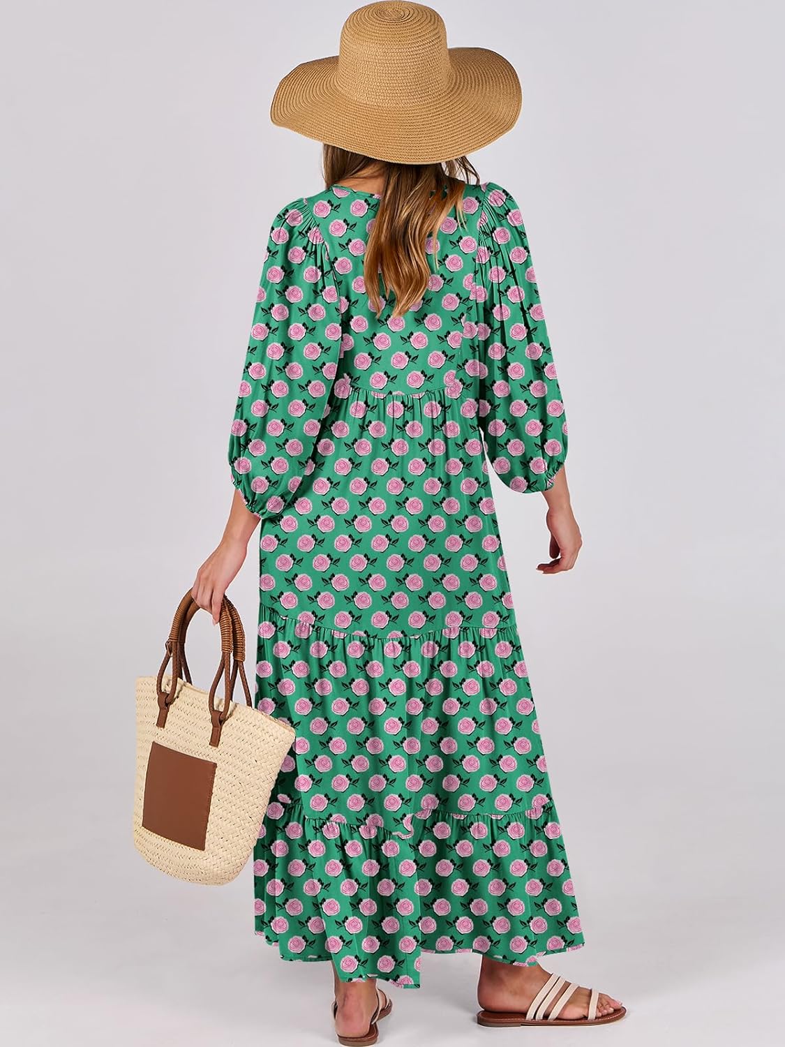 HOT SALE Summer V Neck Puff Sleeve Floral Flowy Casual Maxi Dress