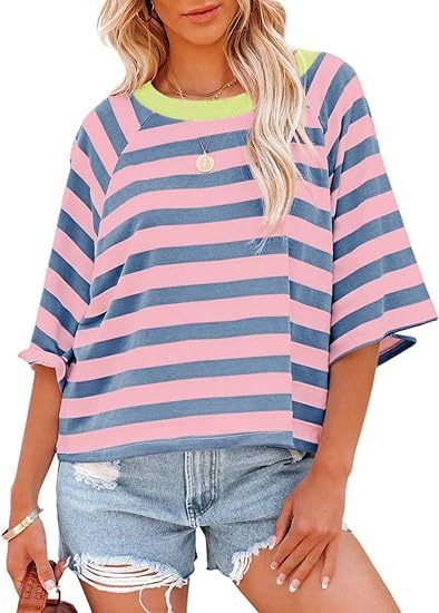 HOT SALE Women's Cute Round Neck Striped Short Sleeve Casual Top