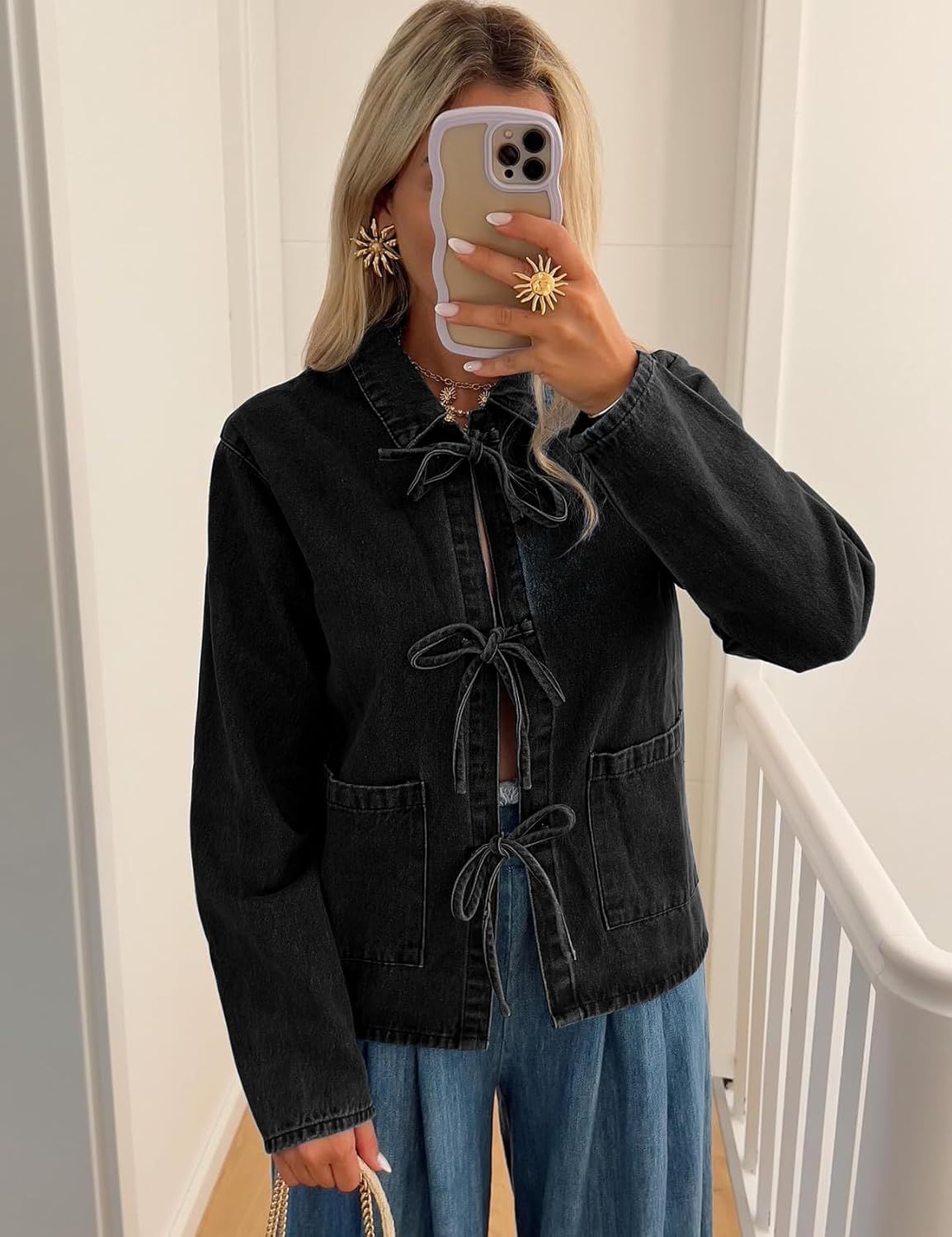 Women's Tie Bow Closure Loose Denim Jacket with Pockets