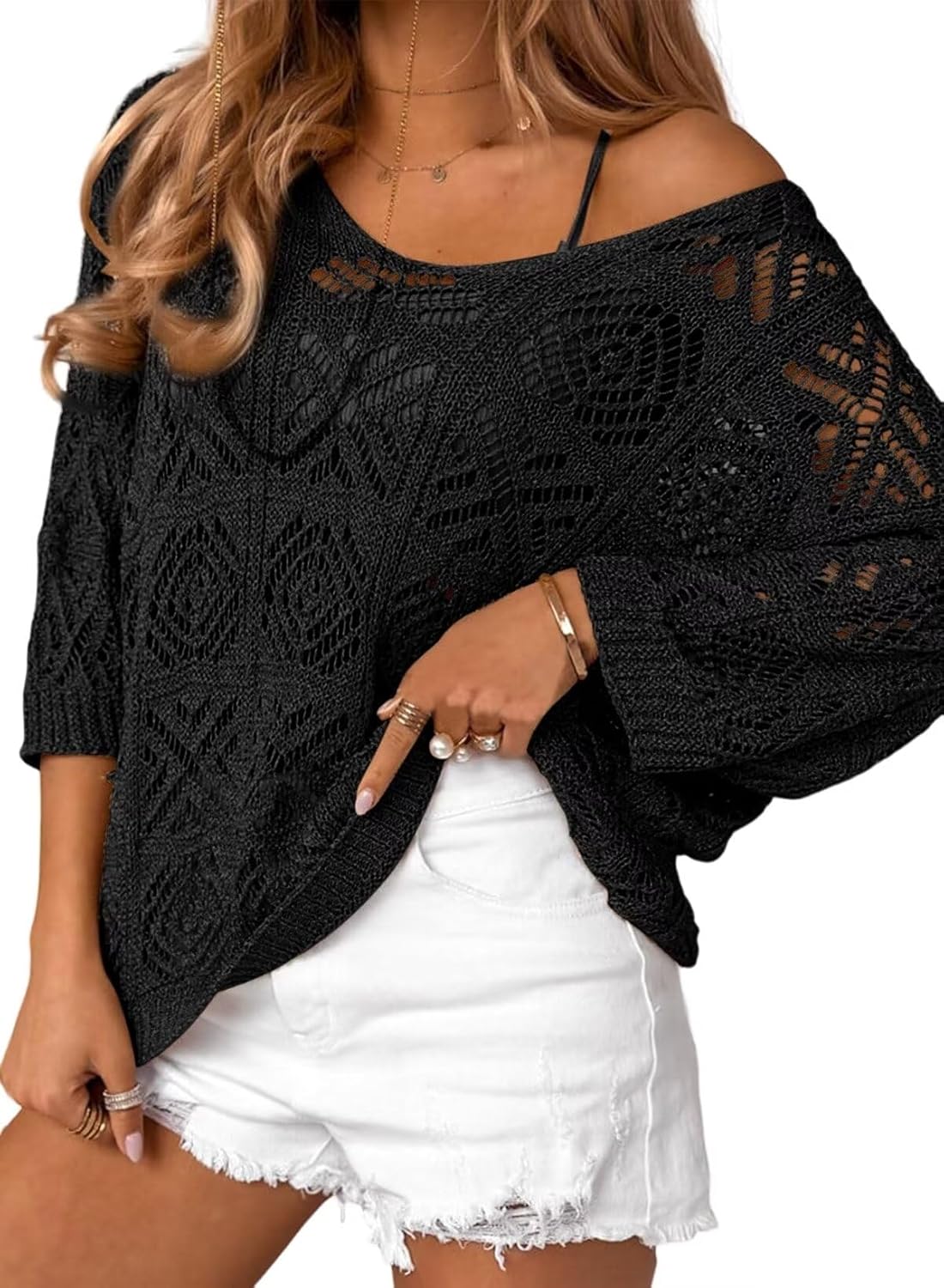 Women's 2025 Spring Summer Crochet Hollow Out Pullover Off Shoulder Top(BUY 2 FREE SHIPPING)