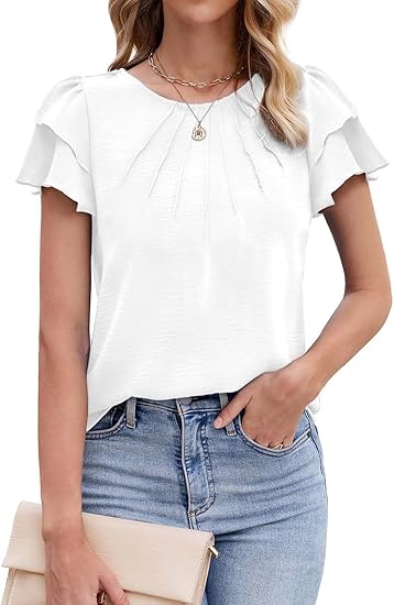 Women’s Casual Blouses Ruffle Short Sleeve T Shirts Pleated Crew Neck Tops