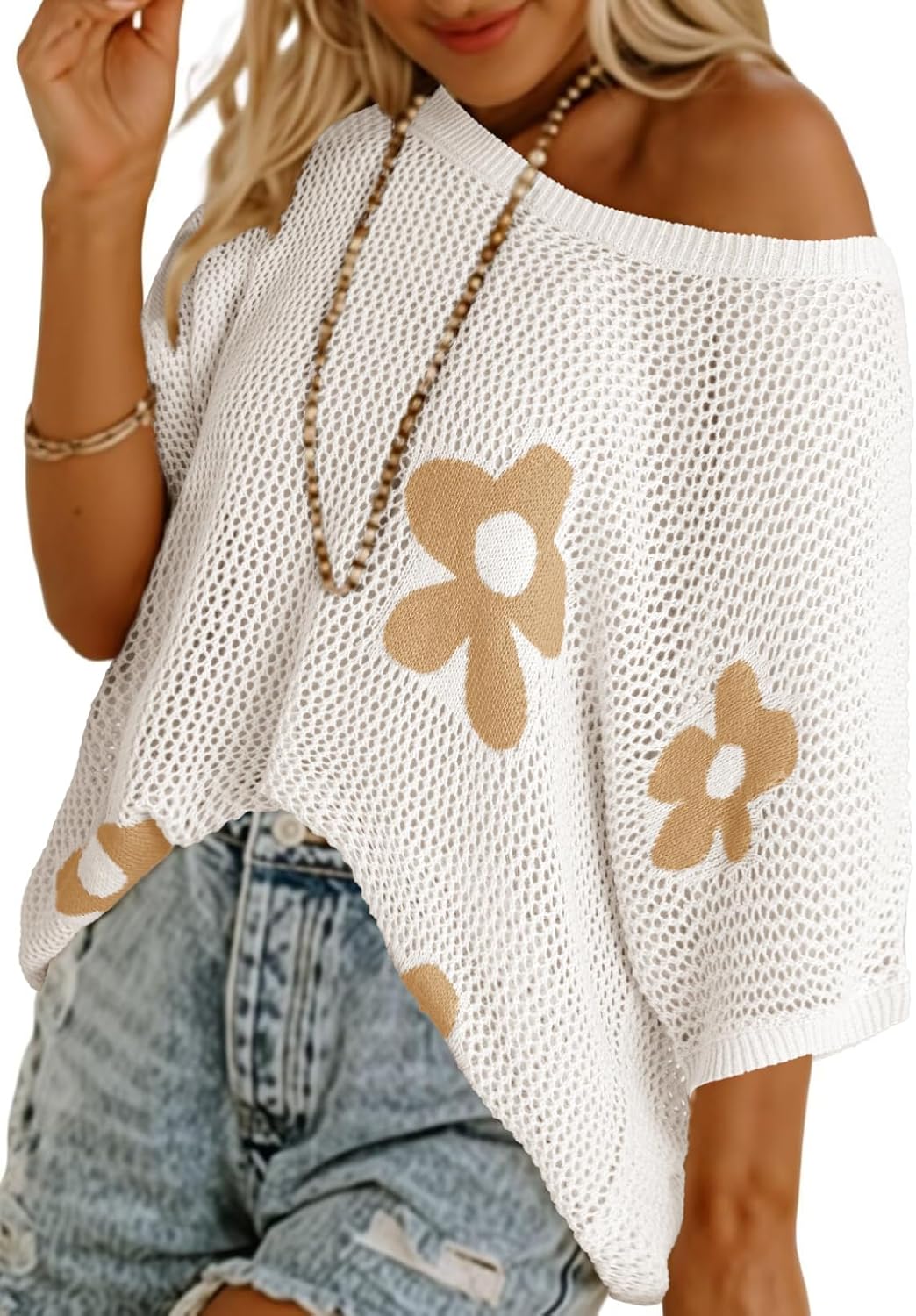 Womens Floral Cute Tops Short Sleeve Crochet Cover Ups Lightweight Pullover(BUY 2 FREE SHIPPING)