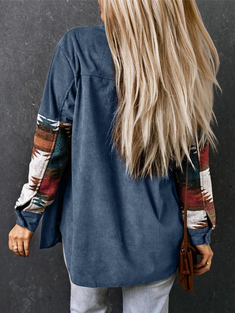 Women's Western Geometric Print Collared Button Front Corduroy Coat