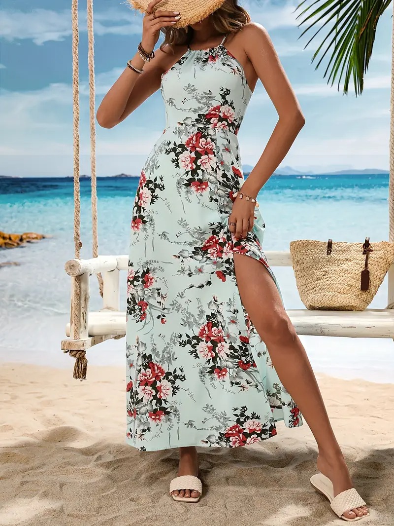 Women's Floral Print Halter Sleeveless Slit Maxi Dress