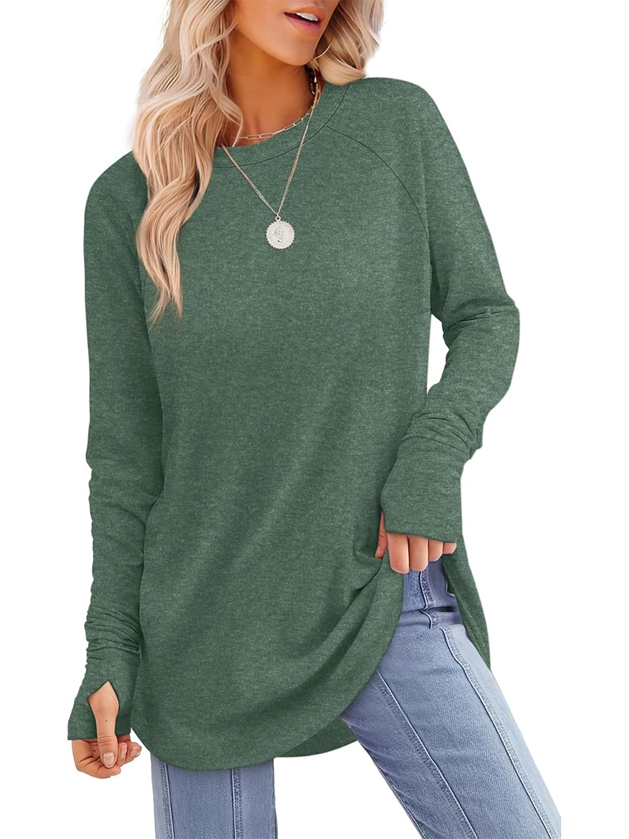 Women's Crew Neck Long Sleeve Thumb Hole Shirts Basic Top