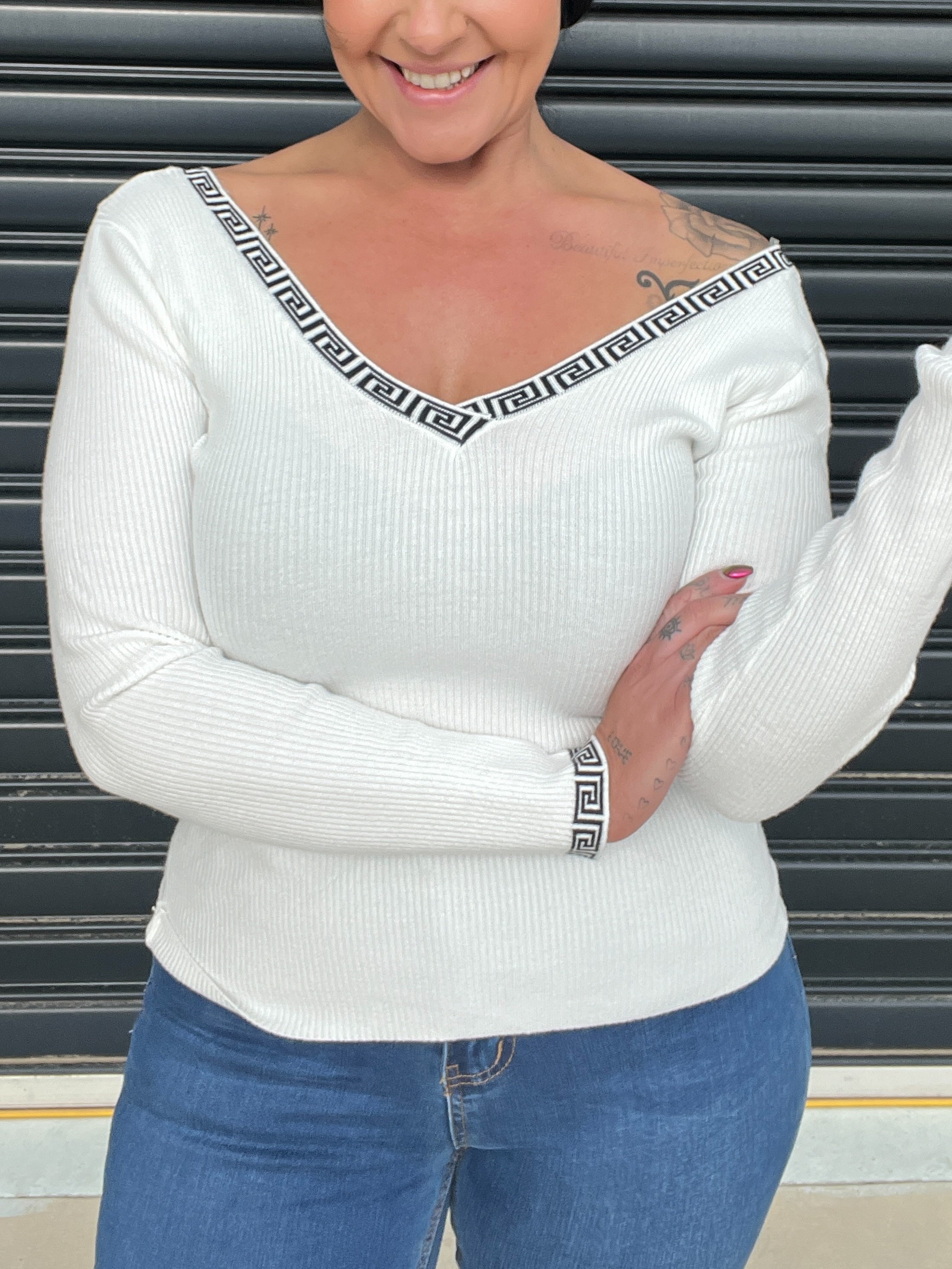 Deep V Neck Fitted Long Sleeve Geometric Trim Top