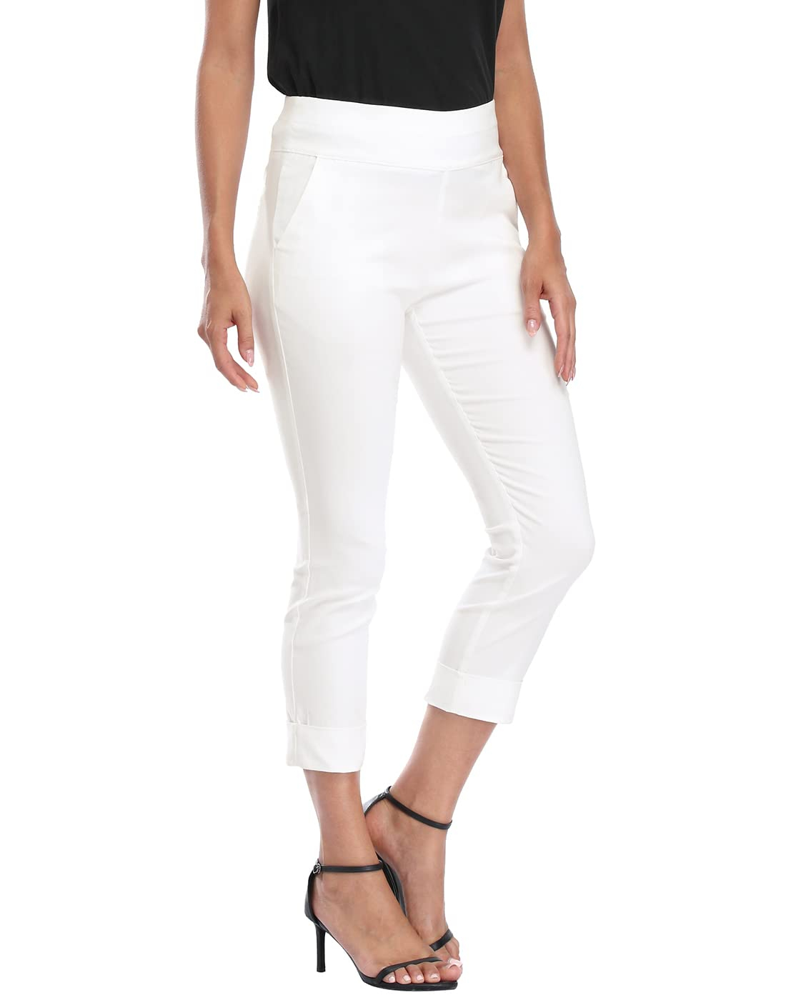 Women's Pull On Capri Pants with Pockets Elastic Waist Cropped Work Pants