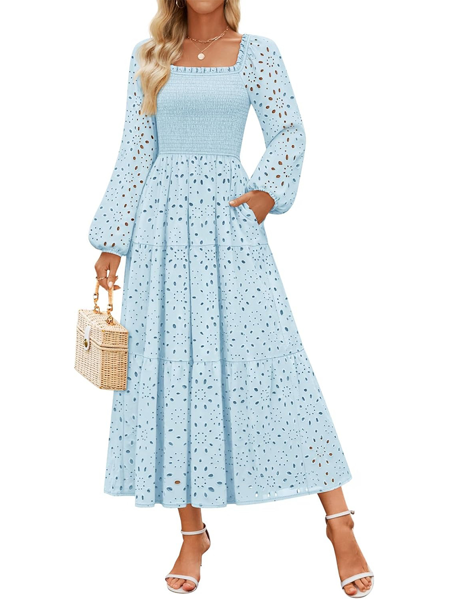 Women's Square Neck Hollow Out Eyelet Smocked A Line Long Sleeve Dress