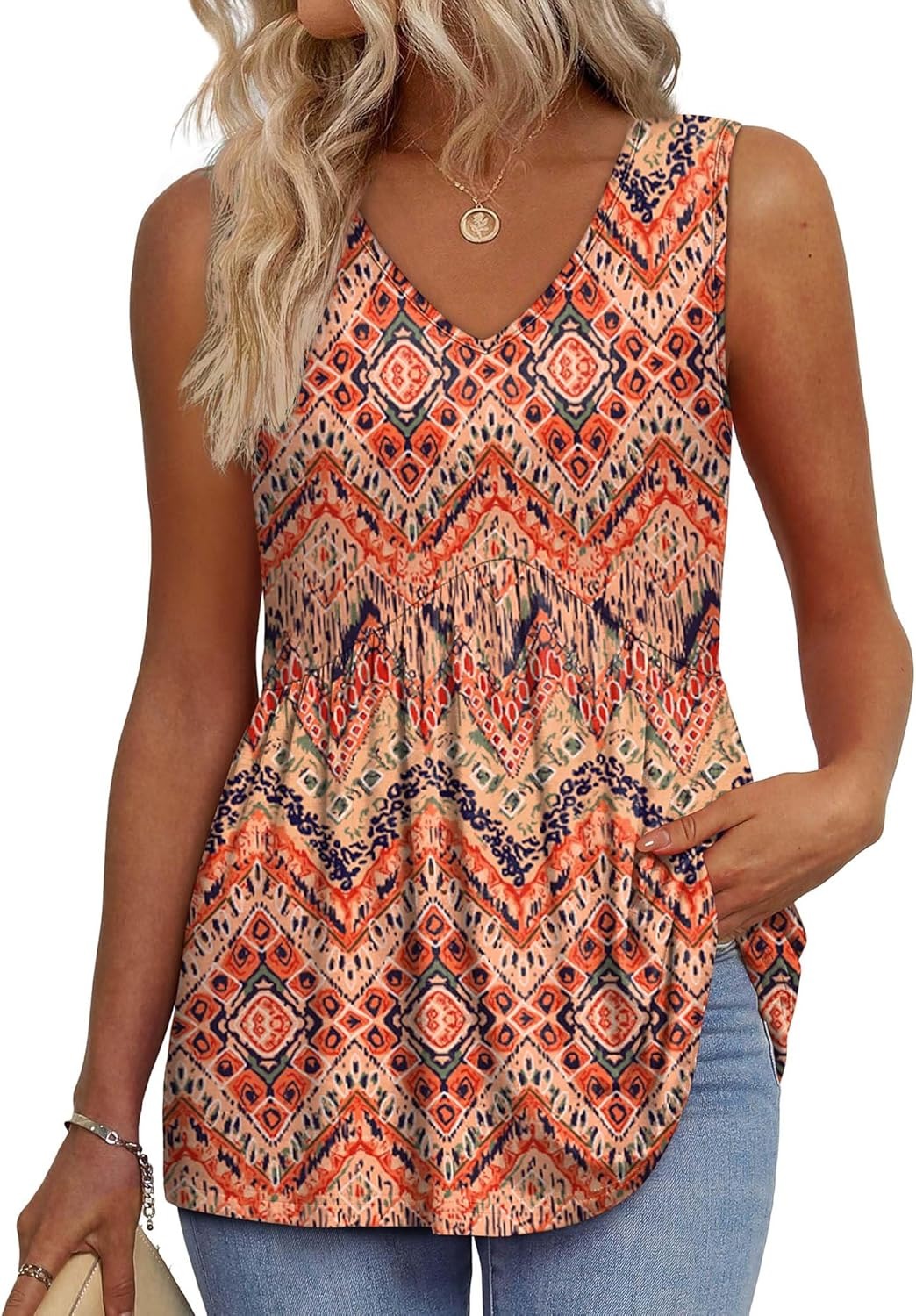 Women's Print Flowy Sleeveless V Neck Peplum Tank Tops