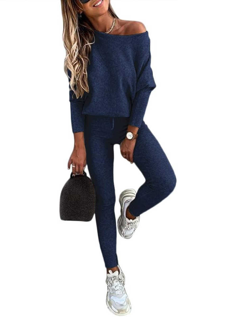 Women's Knitted Batwing Sleeve Sweater Tops Drawstring Pants 2 Piece Set