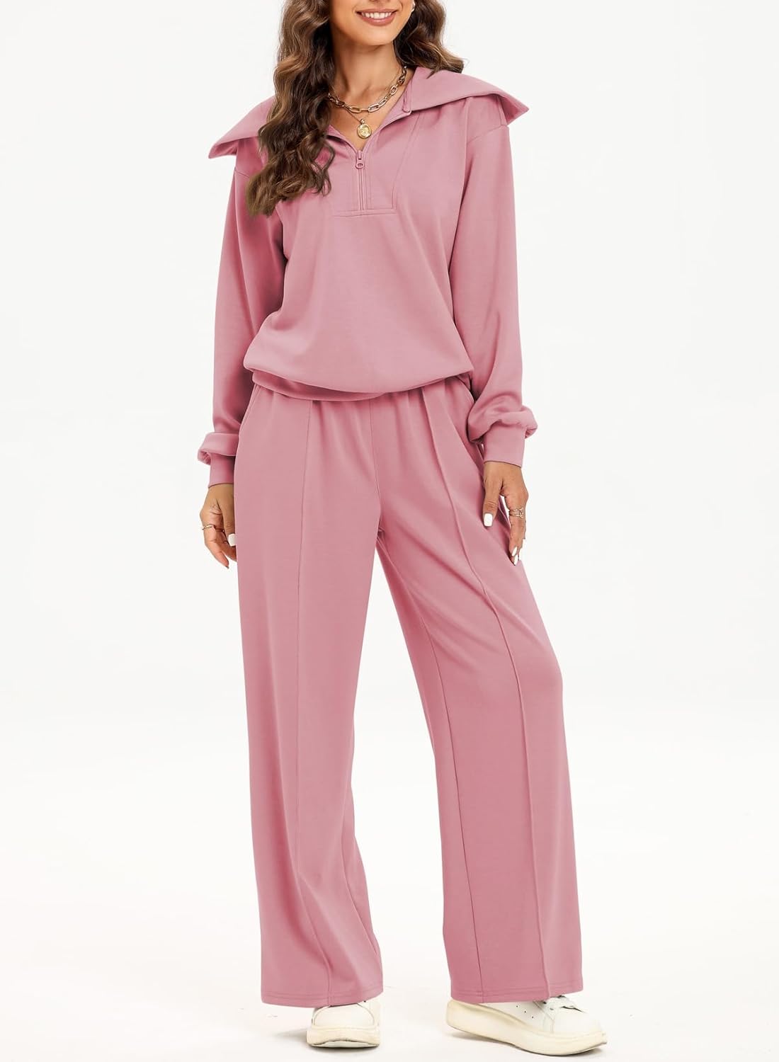 Women's Half Zip Sweatshirt & Wide Leg Sweatpant Tracksuit Set
