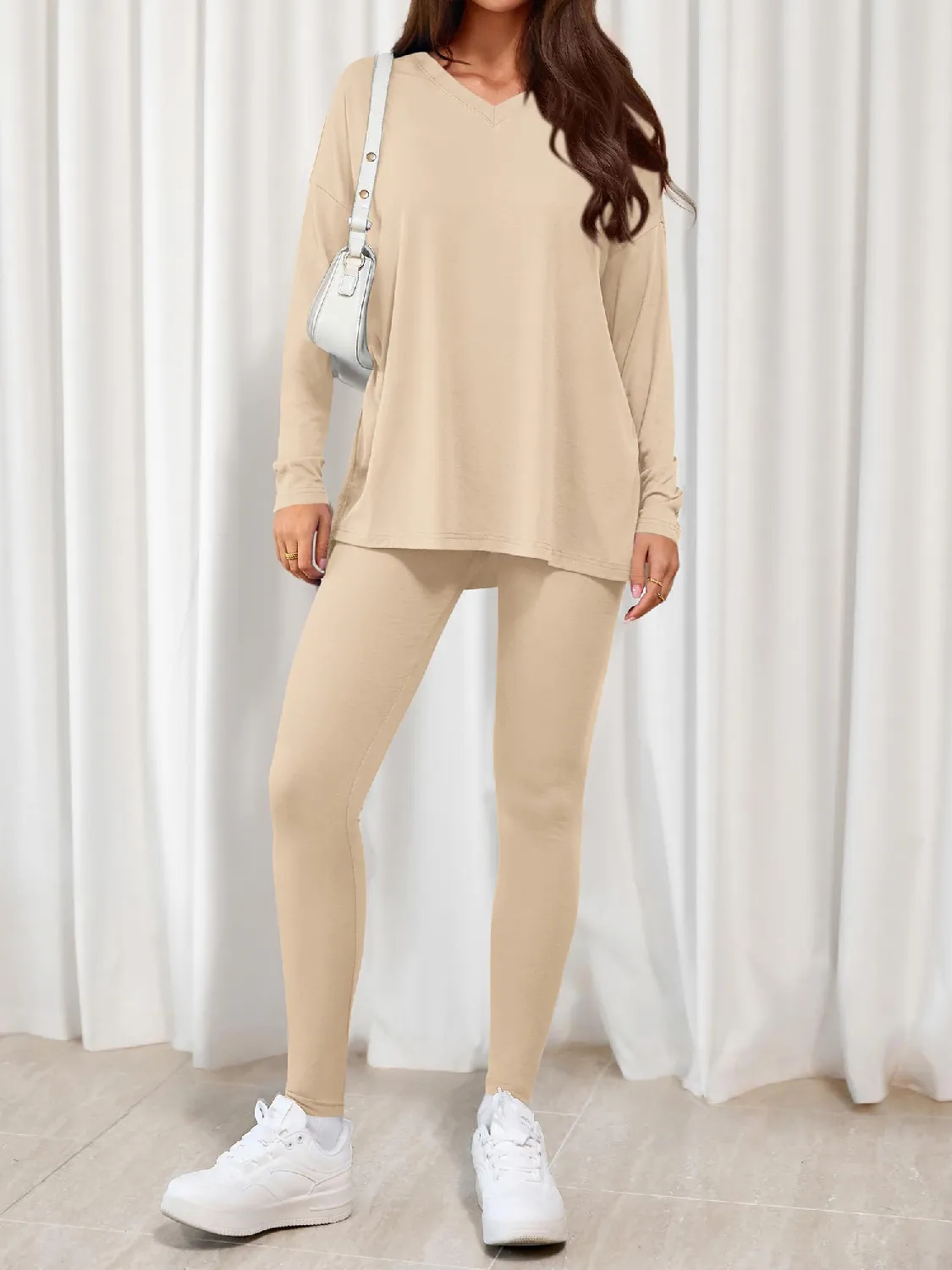 Women's V-neck Oversized Shirts Leggings Casual Lounge Matching Set